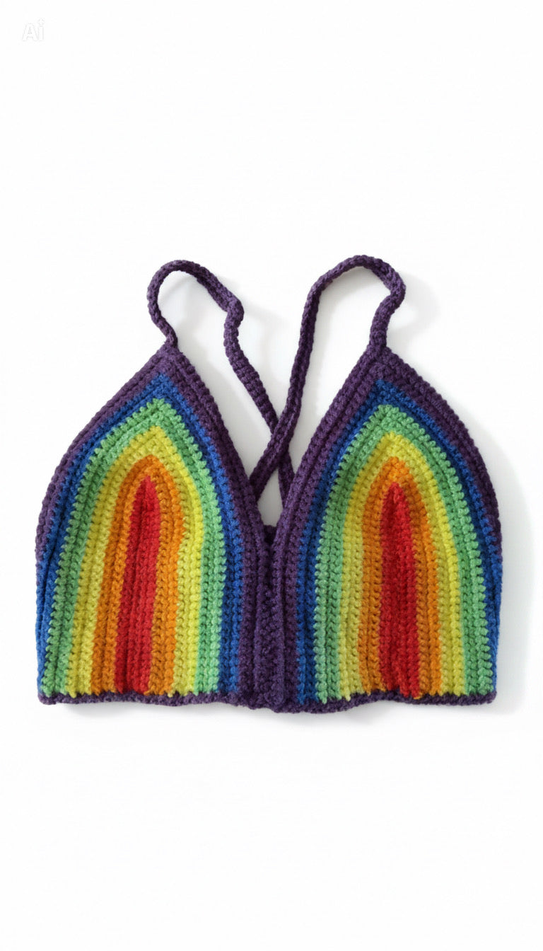 Handmade crochet rainbow croptop with purple straps