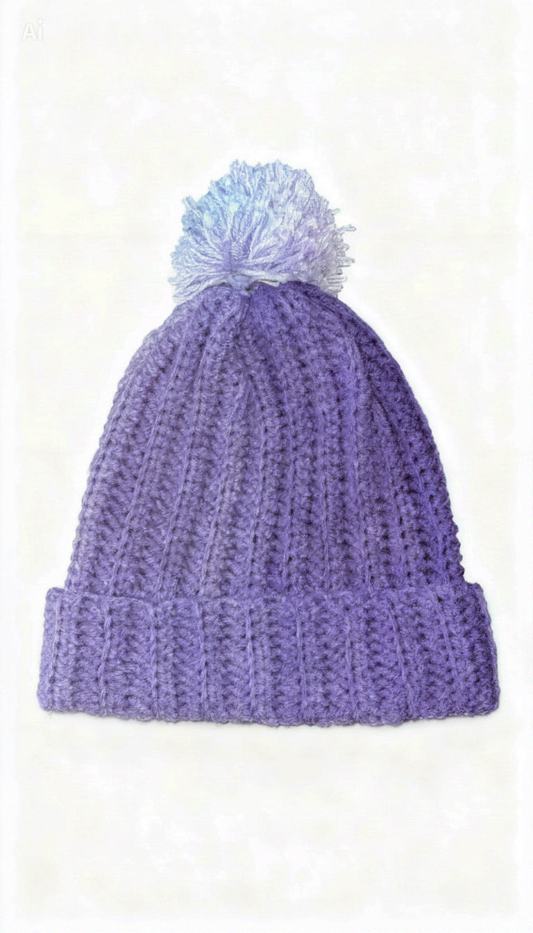 Handmade crochet purple ombré beanie with puffball