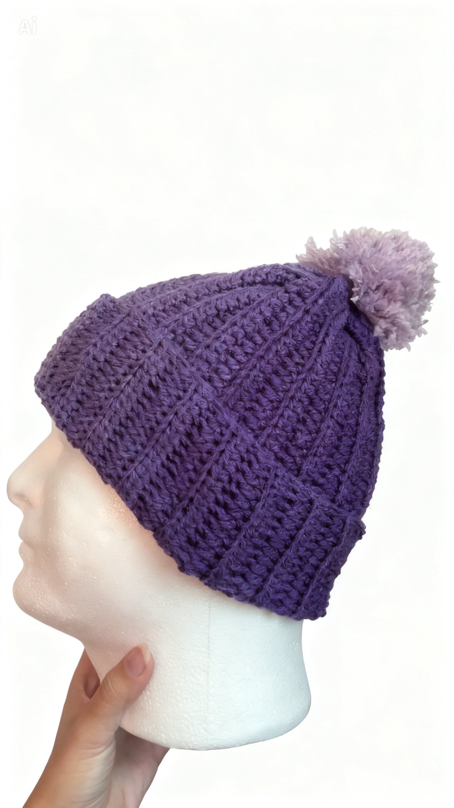Handmade crochet purple ombré beanie with puffball