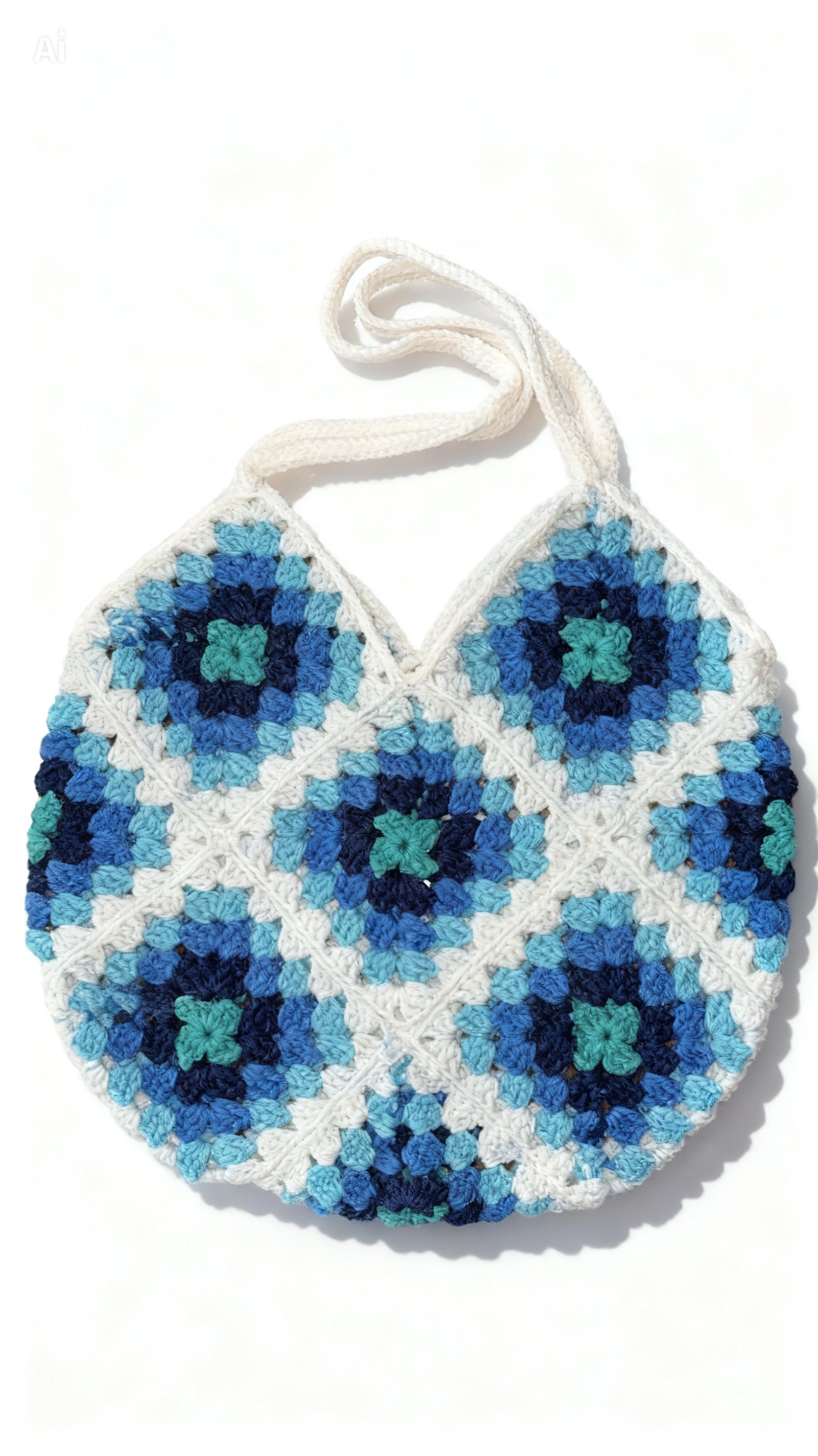 Handmade crochet blue and white granny square beach bag
