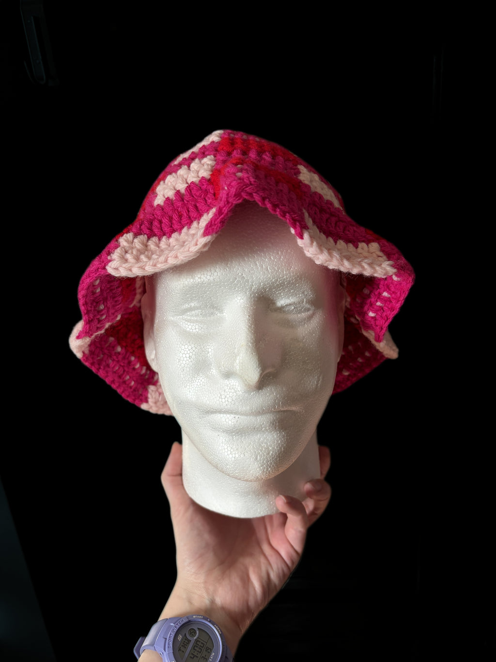 Crochet Pink Plaid Bucket Hat