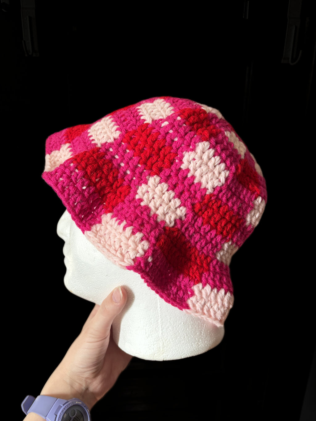 Crochet Pink Plaid Bucket Hat